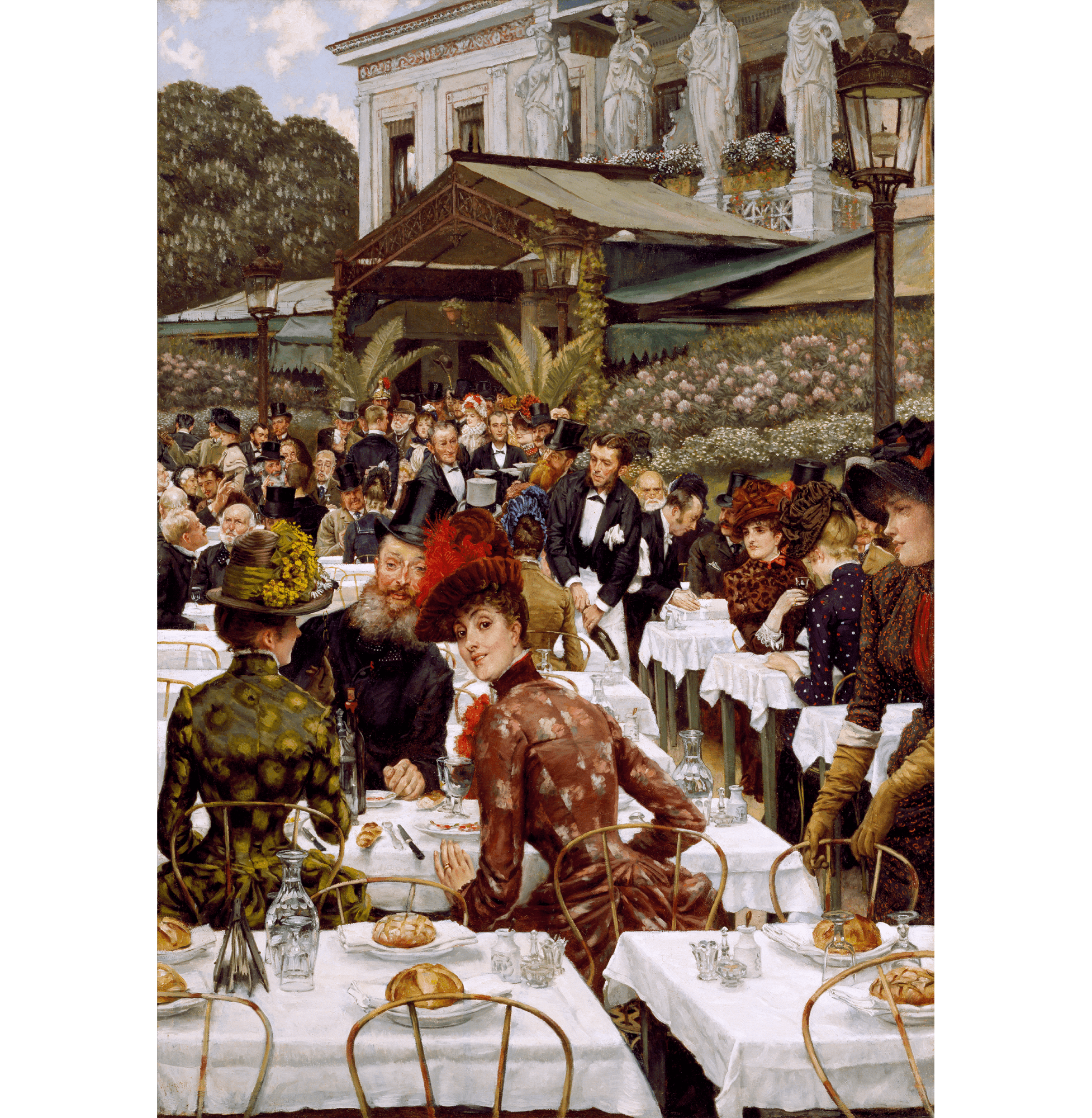 Elegant outdoor café scene with women in colorful, Victorian-era dresses and hats sitting at white-clothed tables; waiters serve food, and a large crowd enjoys the lively, lush garden setting near a grand building with statues.